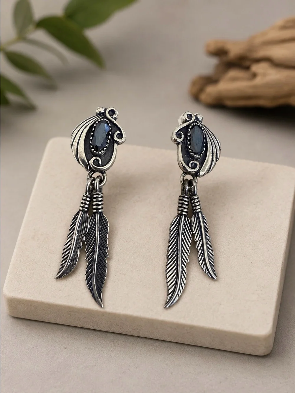 Native American Signed CH Sterling Silver Hematite Earrings Feather Design 925